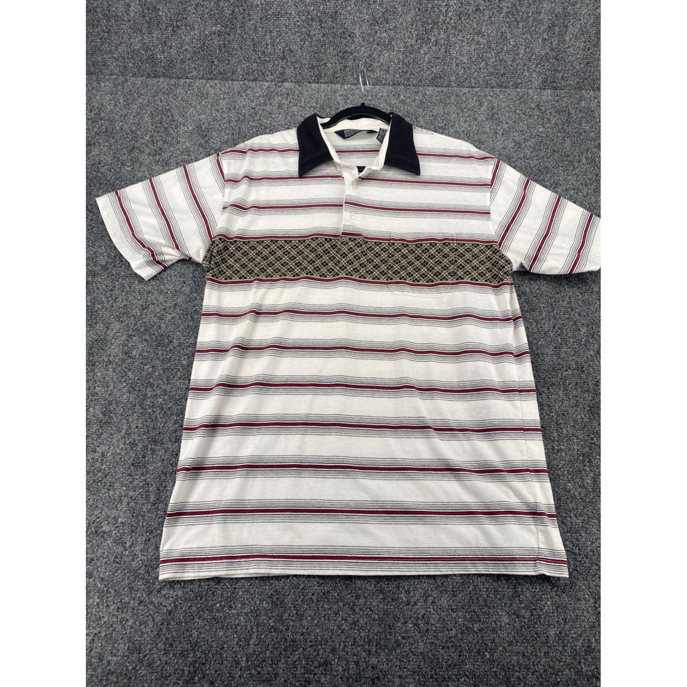 Knights Bridge Striped Polo Shirt Mens Large White Burgundy Geometric Chest Band